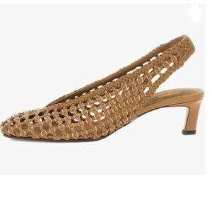 Wo Wagas Brown Slingback Strap Square Toe Pump Slip On Kitten Heel Woven Sandals